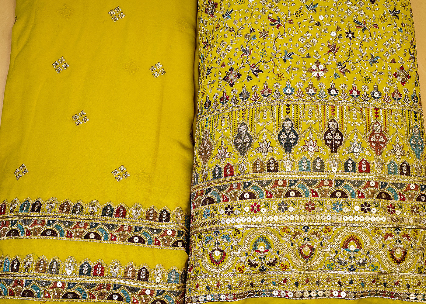 Yellow Georgette Dupatta Fabric with Buti of Multicolor Threadwork, Sequins & Borders 12593