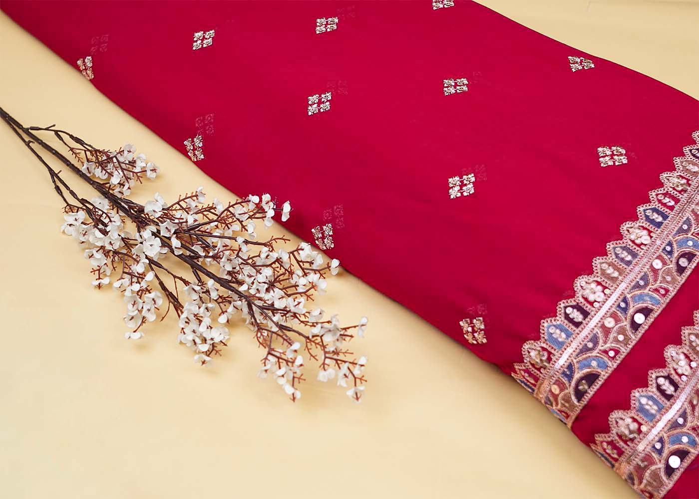 Red Georgette Dupatta Fabric with Buti of Multicolor Threadwork, Sequins & Borders 12595