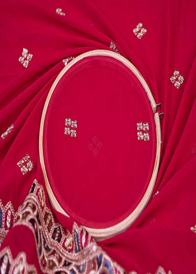 Pink Georgette Dupatta Fabric with Buti of Multicolor Threadwork, Sequins & Borders 12595