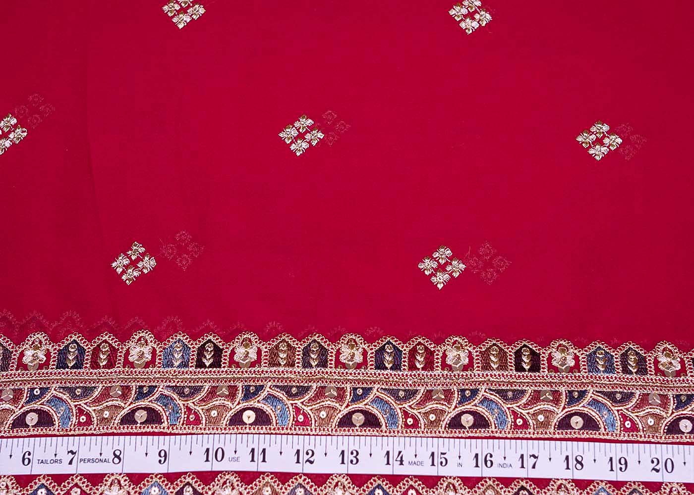 Red Georgette Dupatta Fabric with Buti of Multicolor Threadwork, Sequins & Borders 12595