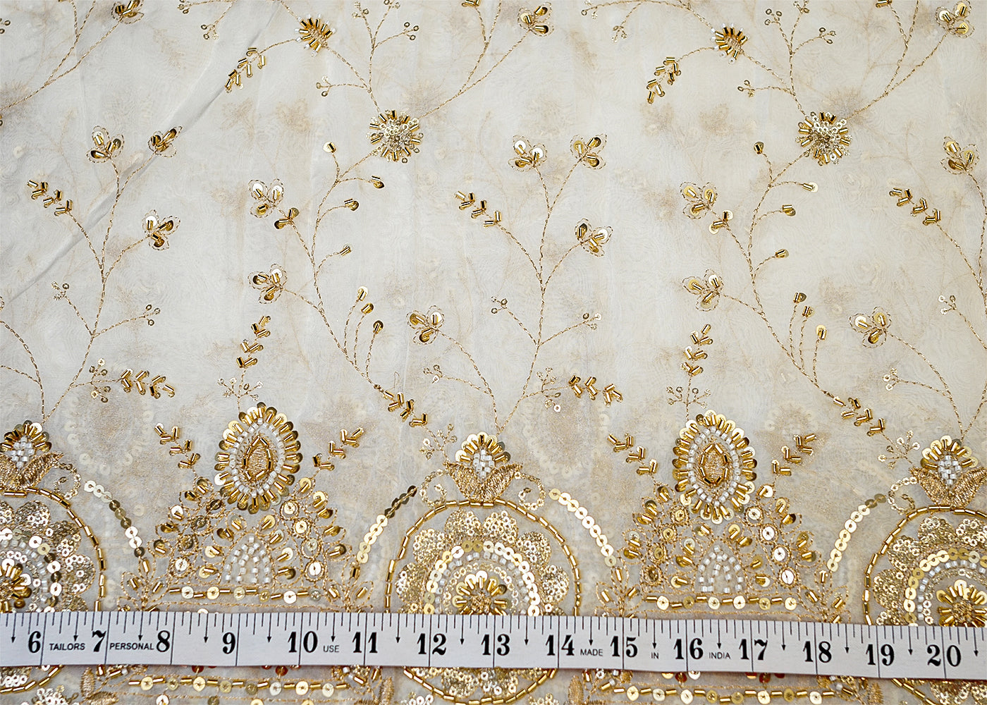 Organza Fabric with Allover Thread, Sequins, Kutdana & Pearl Work with Heavy Border 12600