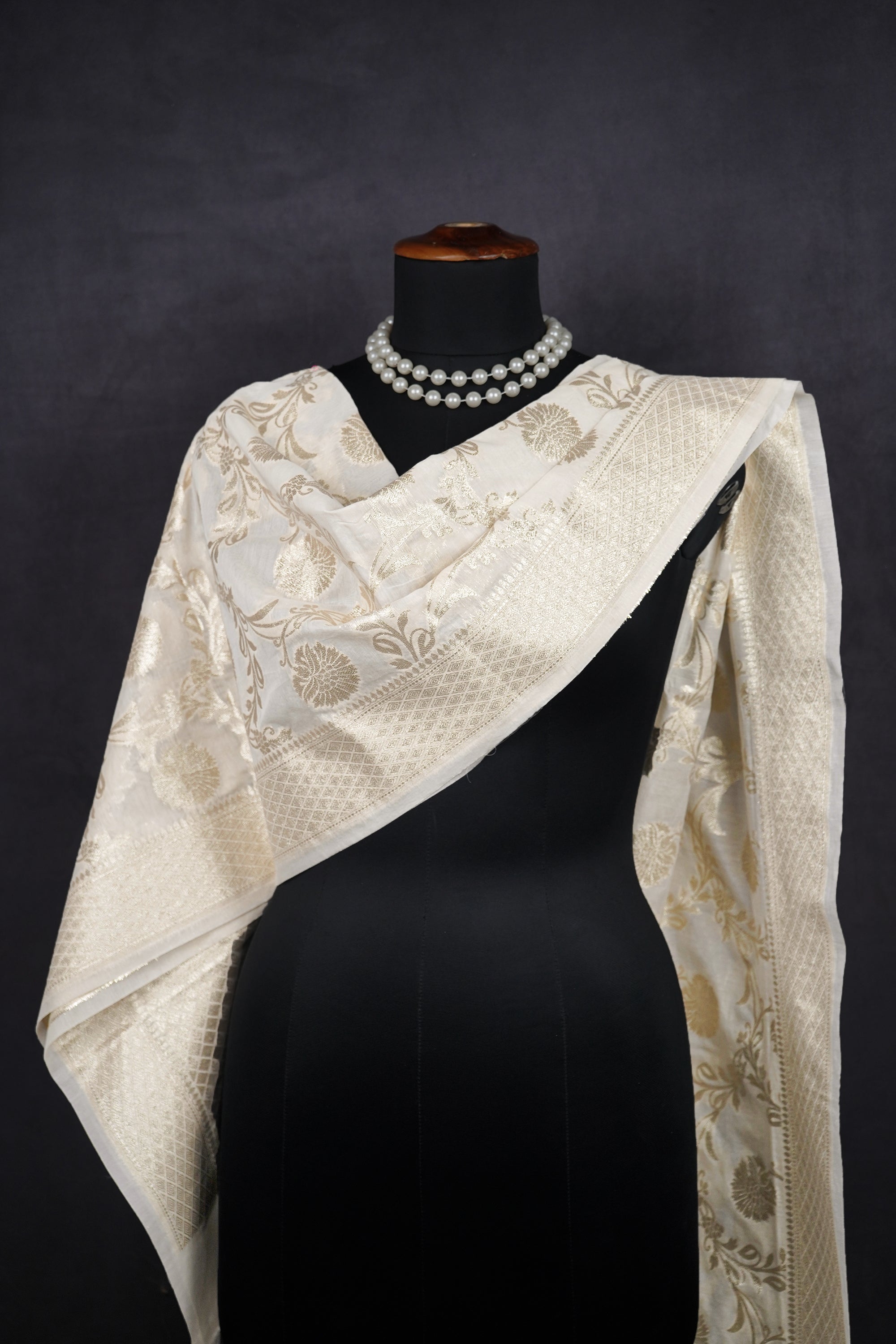 White Dyeable Chanderi Dupatta With All Over Zari Handloom 12668