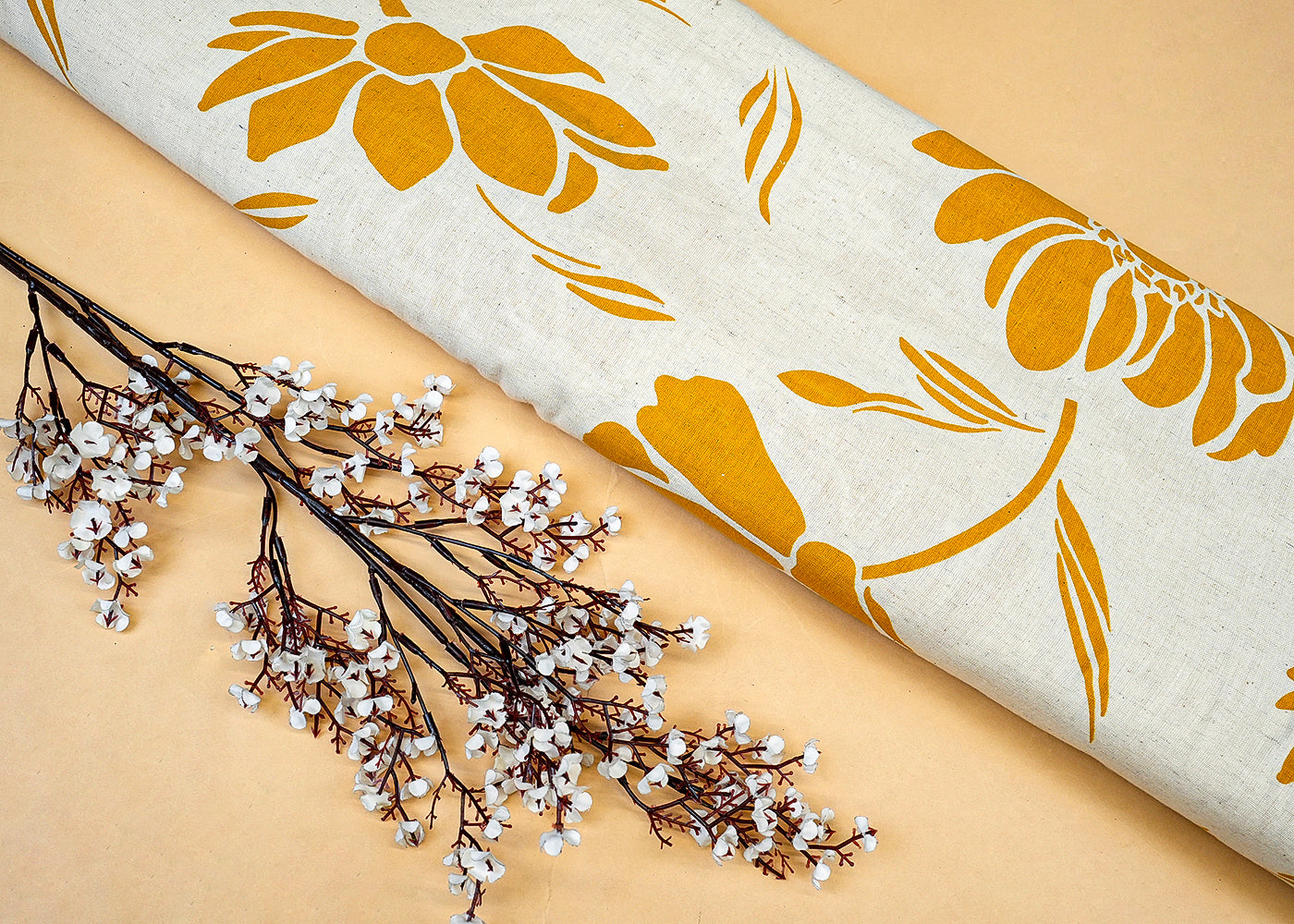 Yellow Cotton Flex Fabric with Allover Hand Block Floral Print 12728