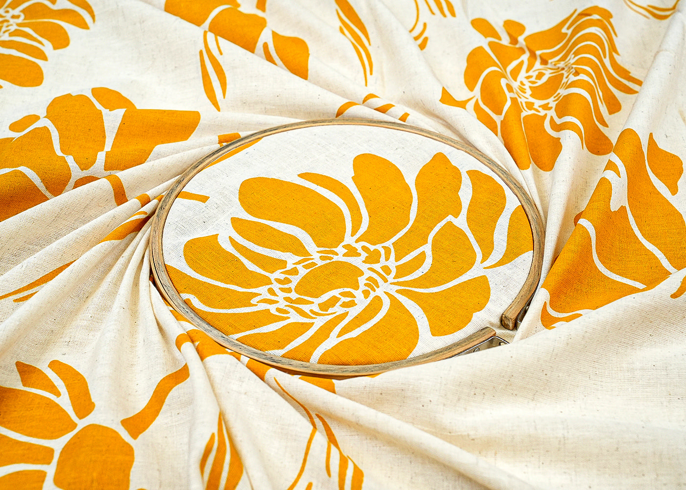 Yellow Cotton Flex Fabric with Allover Hand Block Floral Print 12728