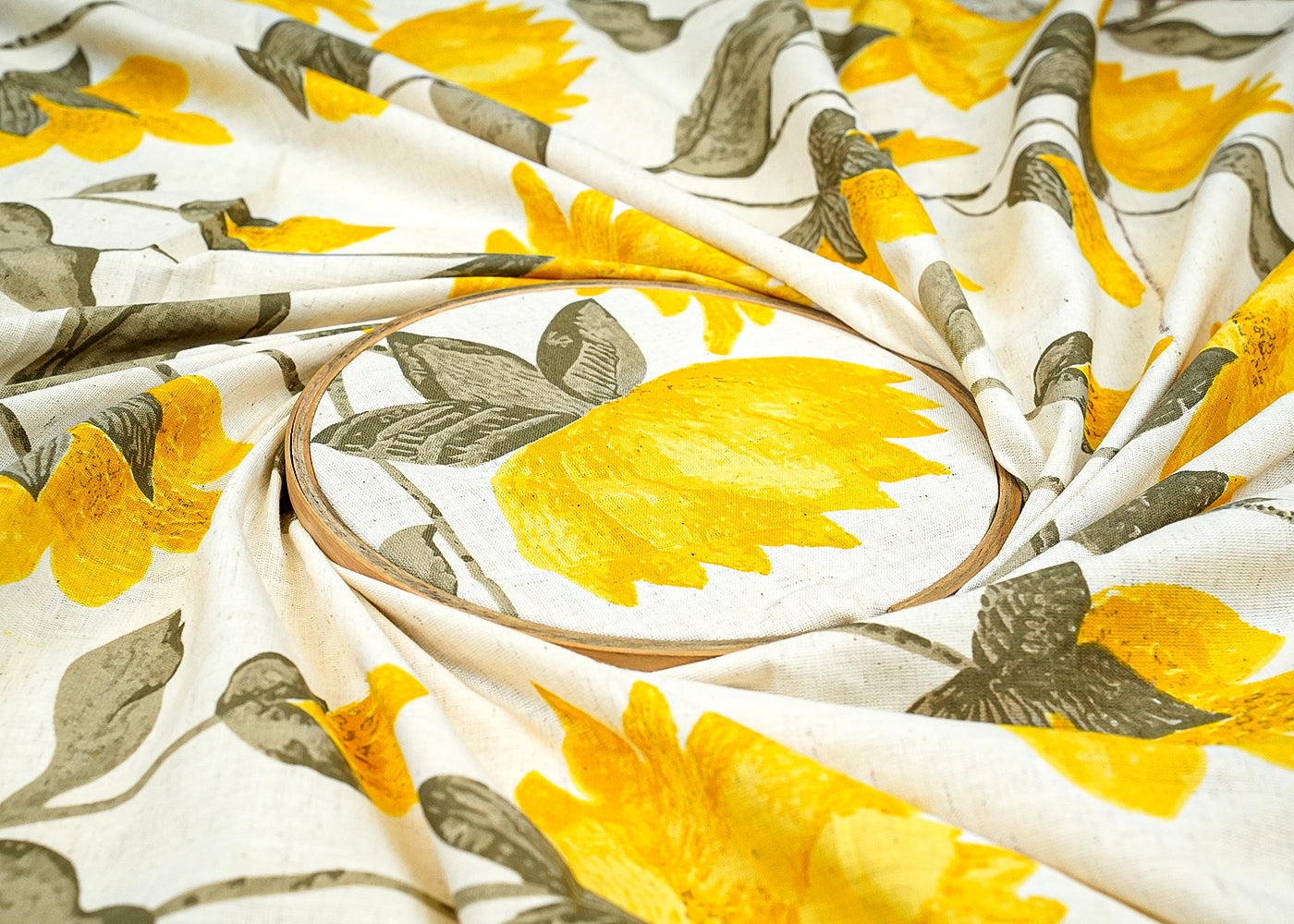 Yellow Cotton Flex Fabric with Allover Hand Block Floral Print 12731