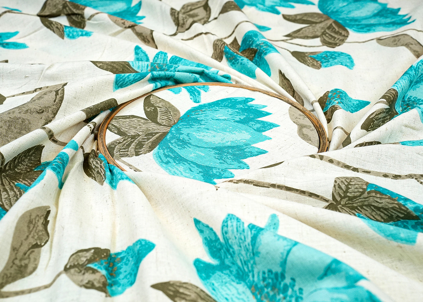 Sea Blue Cotton Flex Fabric with Allover Hand Block Floral Print 12733