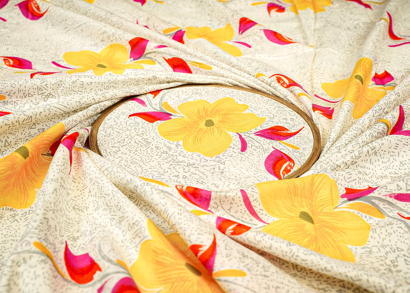 Yellow Cotton Flex Fabric with Allover Base Print and Big Flowers  12735