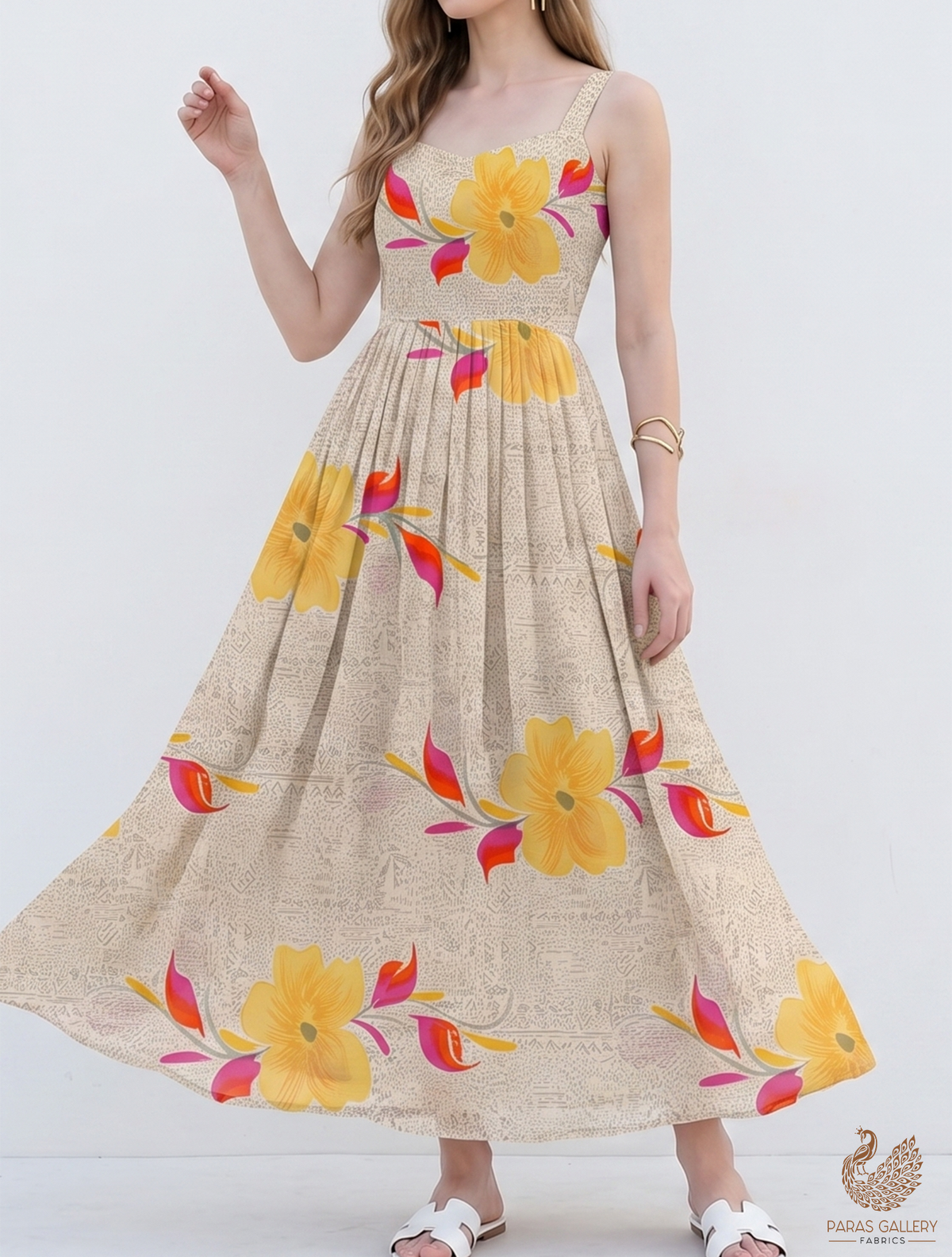 Yellow Cotton Flex Fabric with Allover Base Print and Big Flowers  12735