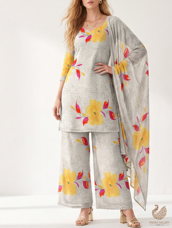 Yellow Cotton Flex Fabric with Allover Base Print and Big Flowers  12735
