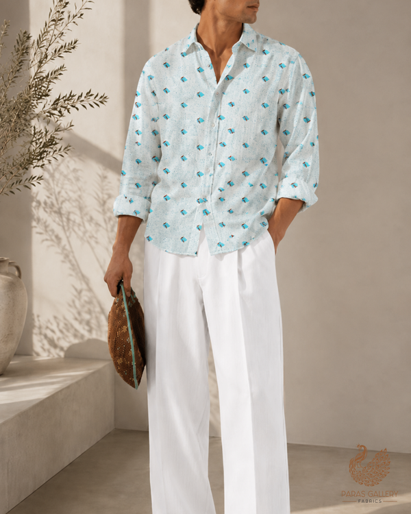 Sea Blue Cotton Flex Fabric with Allover Base Print and Small Flowers  12744