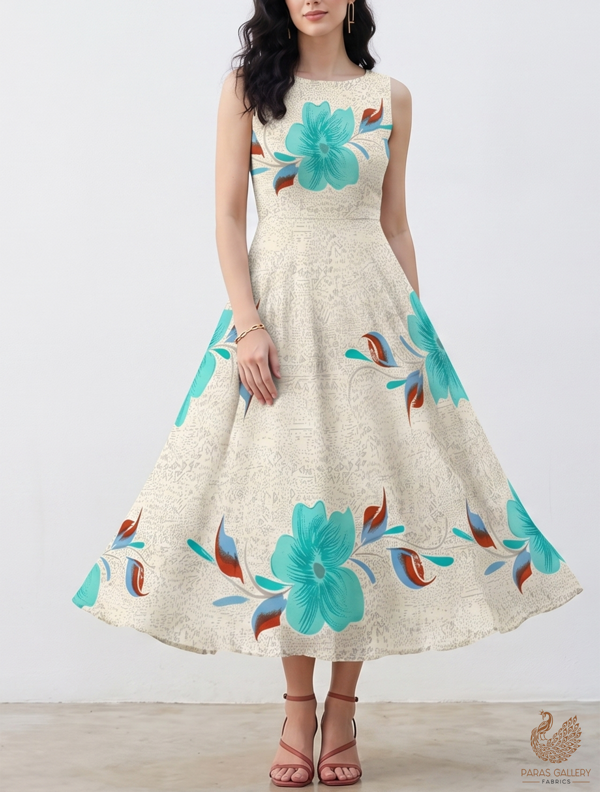 Sea Blue Cotton Flex Fabric with Allover Base Print and Big Flowers  12747