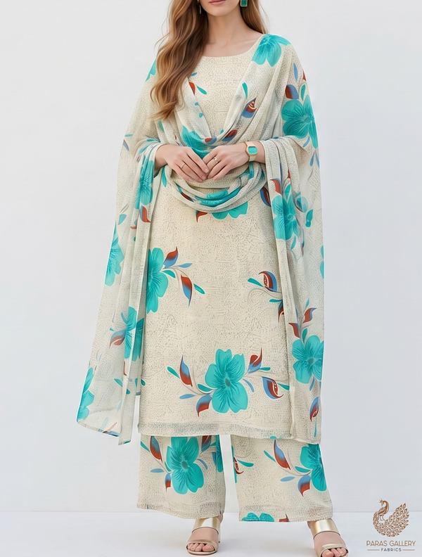 Sea Blue Cotton Flex Fabric with Allover Base Print and Big Flowers  12747