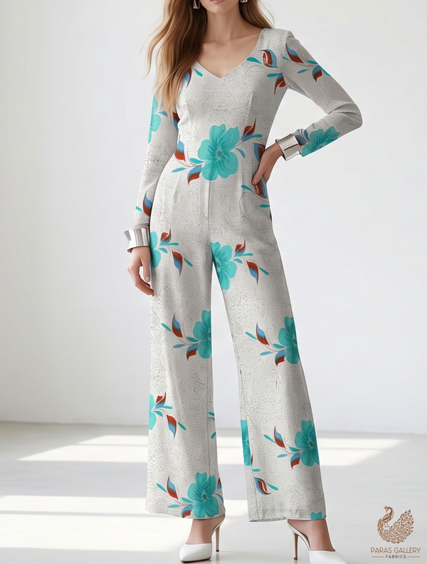 Sea Blue Cotton Flex Fabric with Allover Base Print and Big Flowers  12747