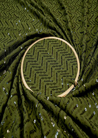 Olive Embroidered Cotton Rayon with Allover Sequins work 12787