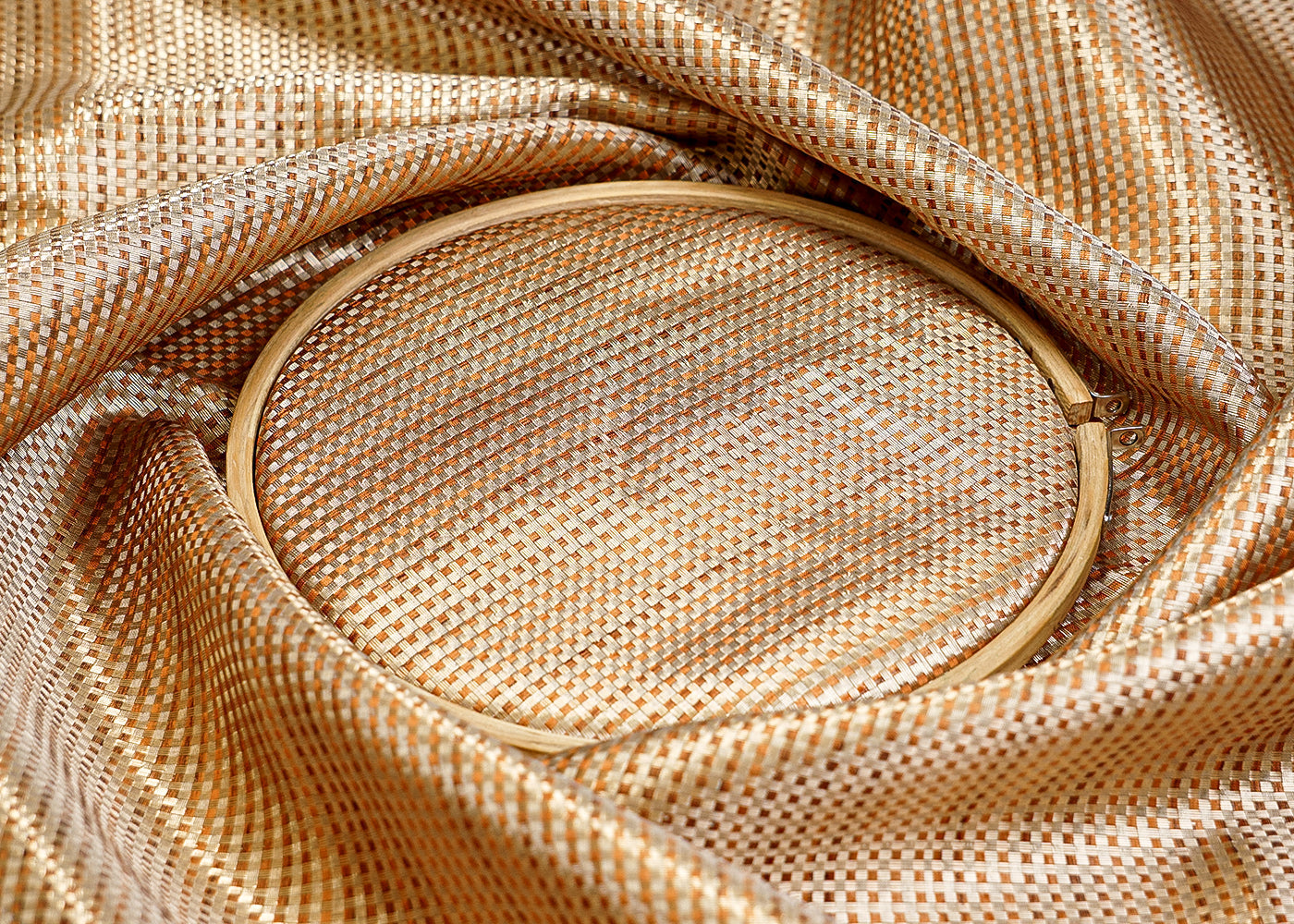 Copper golden Banarasi Brocade Fabric with Basket Weave Handloom 12851