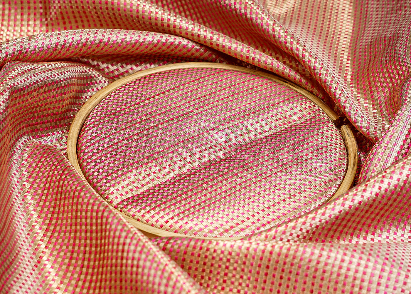 Pink Banarasi Brocade Fabric with Basket Weave Handloom 12852