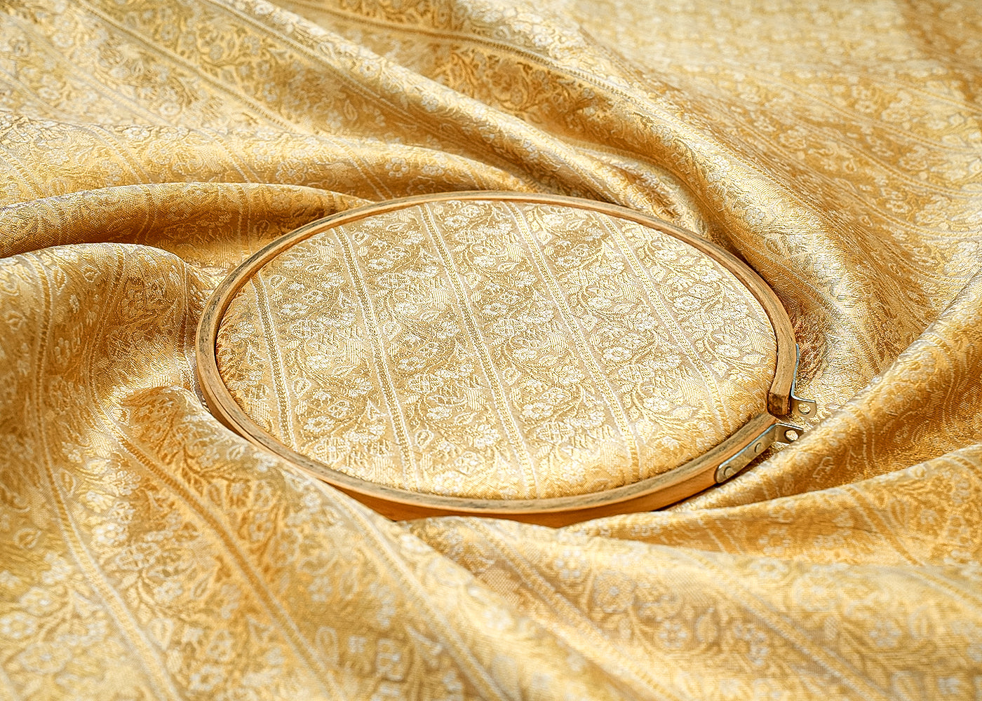 Golden Banarasi Brocade Fabric with Golden Allover Thread Work 12859