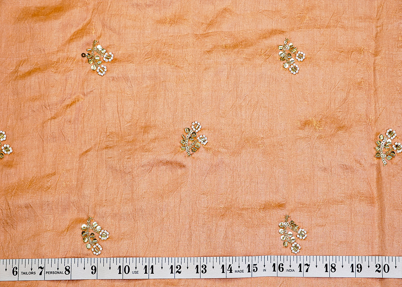 Peach Diamond Silk Tissue Fabric with Flower Buti 12868