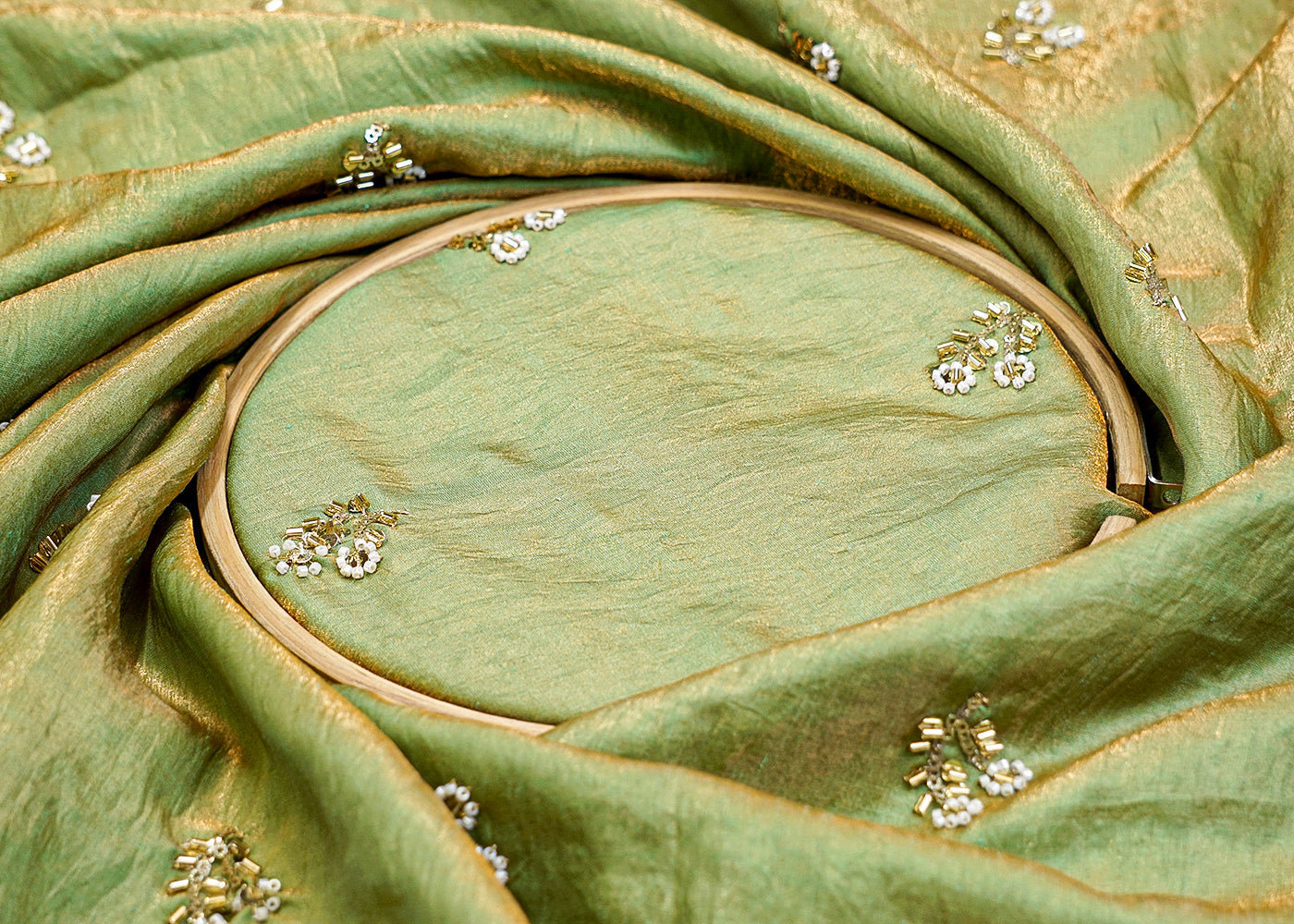 Sea Green Diamond Silk Tissue Fabric with Flower Buti 12872