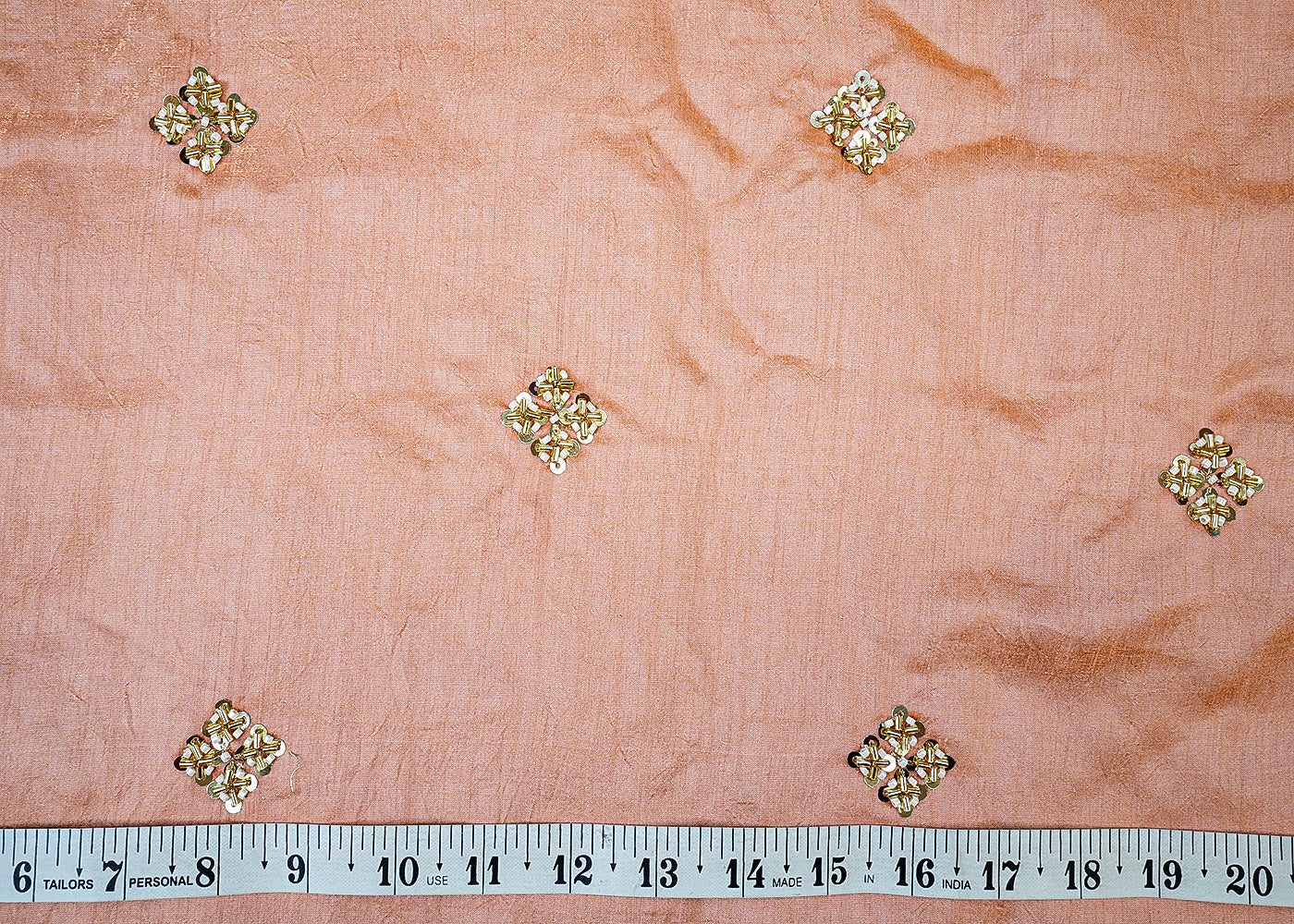 Peach Diamond Silk Tissue Fabric with Allover Square Buti 12873