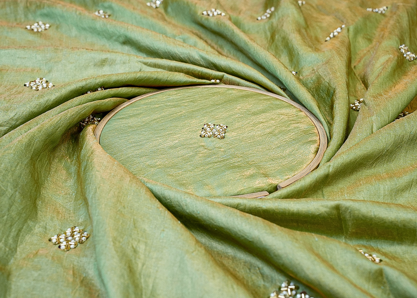 Sea Green Diamond Silk Tissue Fabric with Allover Square Buti 12875