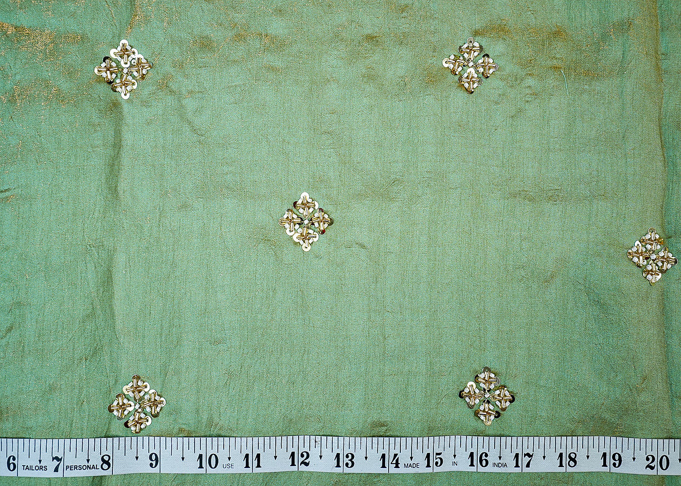 Sea Green Diamond Silk Tissue Fabric with Allover Square Buti 12875