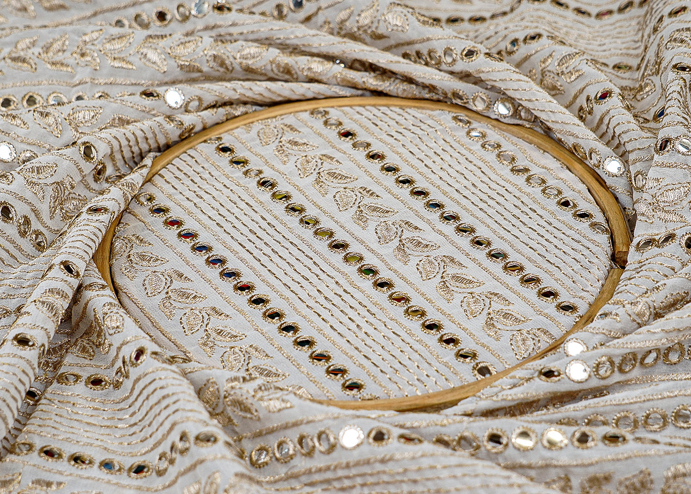 White Georgette Fabric with Allover Golden Thread and Faux Mirror Work 12880