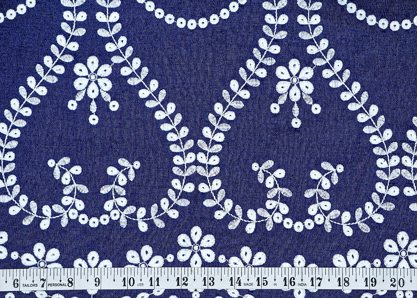 Navy Blue Denim Fabric with Allover Thread Work Buti and Border 12895