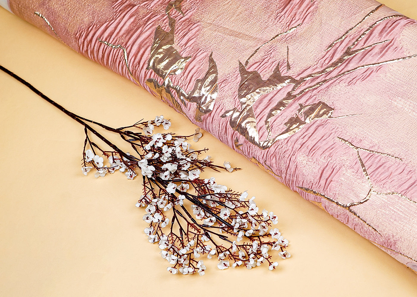 Peach Organza Tissue Fabric with Large 1-Meter Floral Design 12898