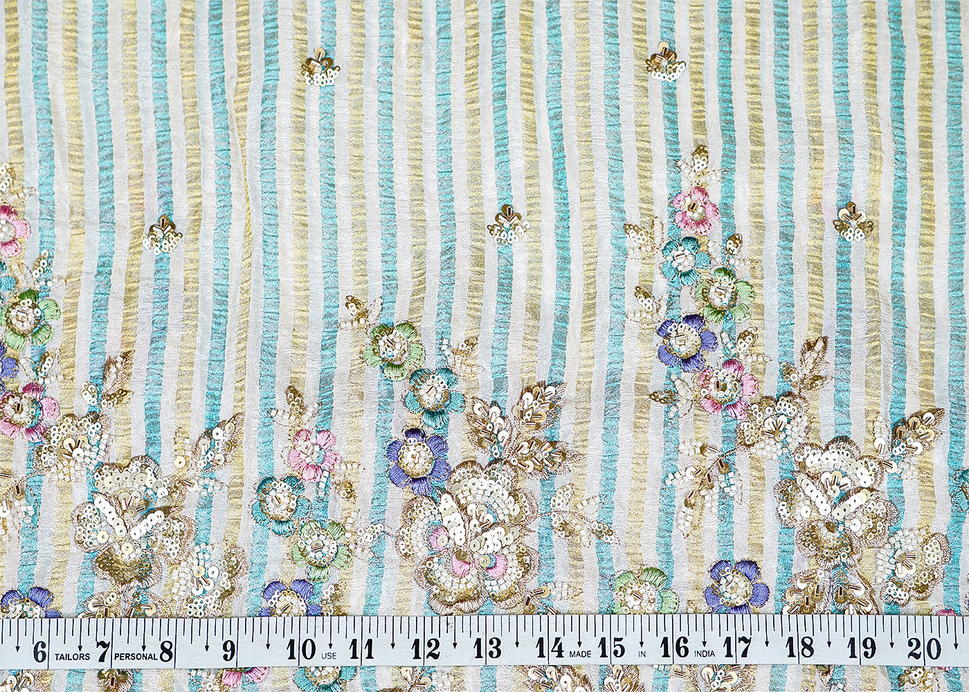 Pista Tissue Fabric with Katdana, Sequins, and Multi-Thread Work on Border, Allover Buti, and Striped Base 12902