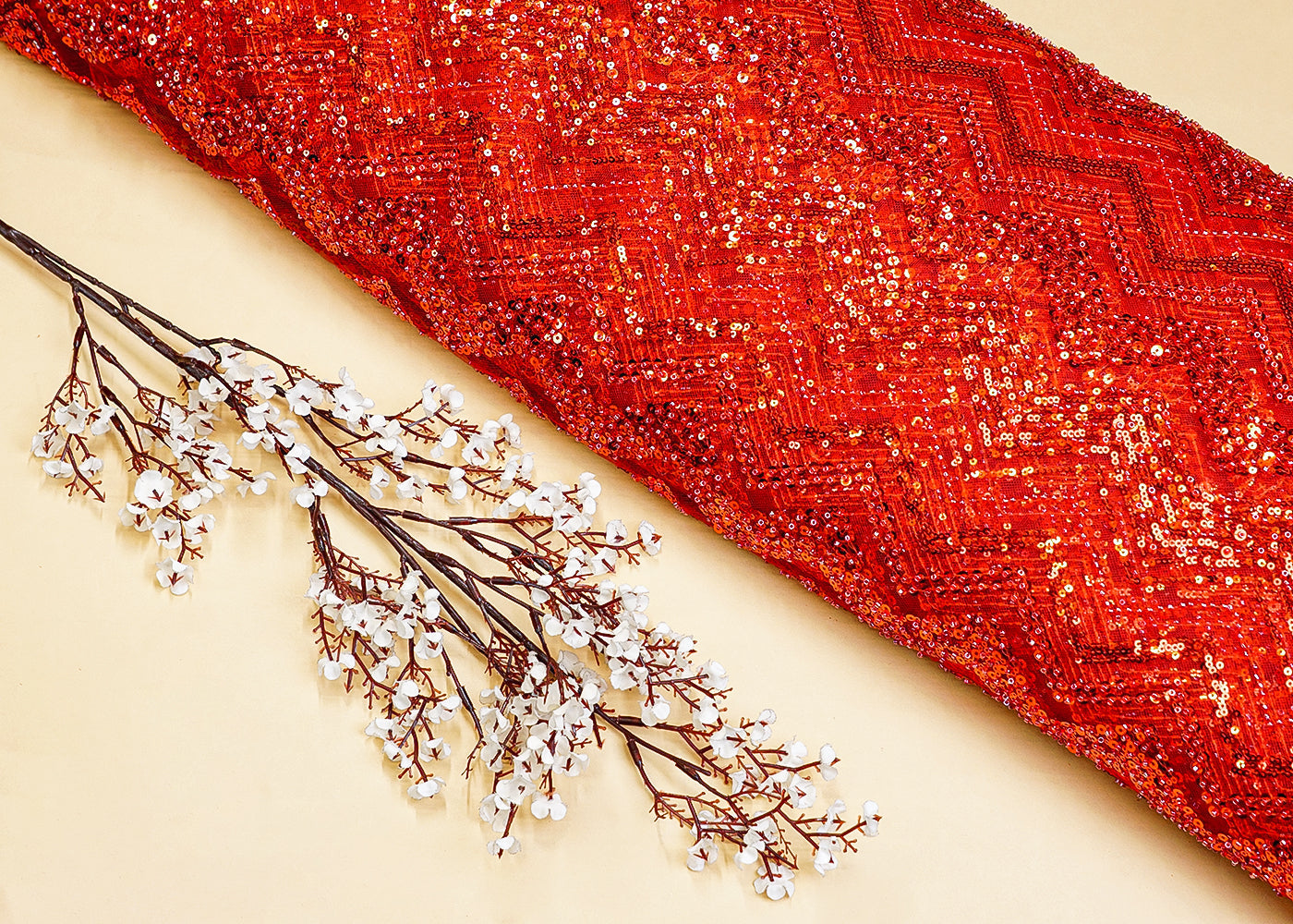 Red Imported Net Fabric With All Over Sequins And Katdana Work 12959