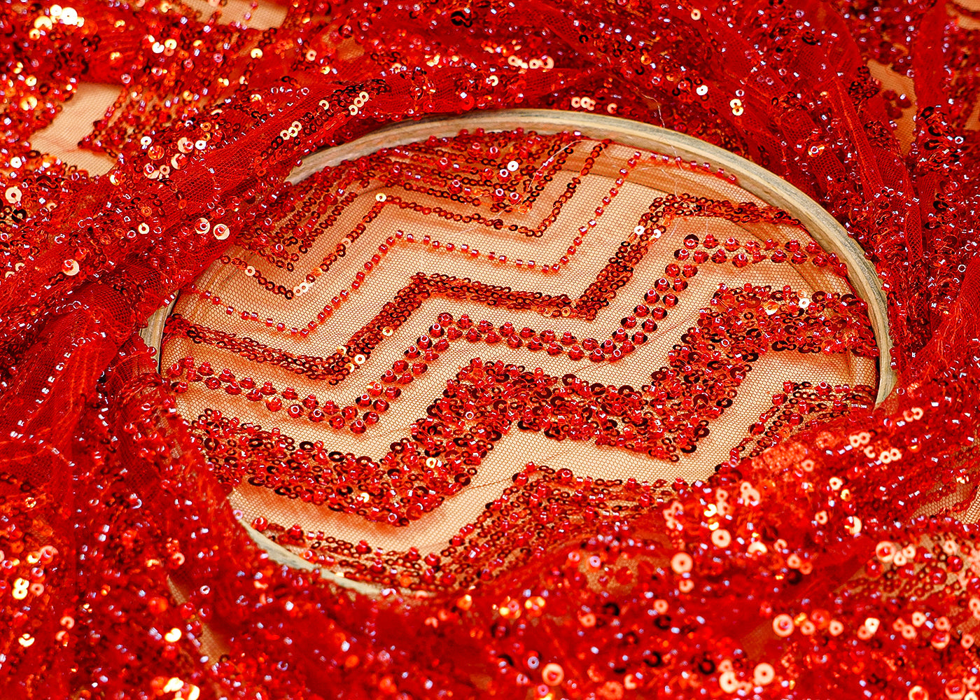 Red Imported Net Fabric With All Over Sequins And Katdana Work 12959