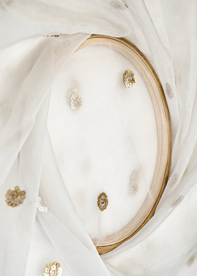 White Organza Dupatta Fabric with Allover Floral Sequins Buti and Border Work 12979