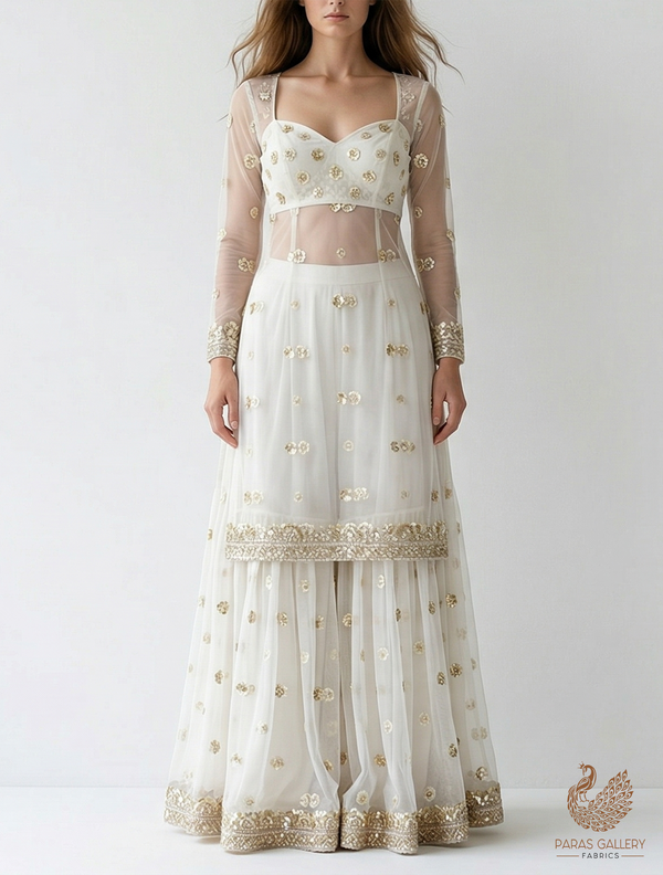White Organza Dupatta Fabric with Allover Floral Sequins Buti and Border Work 12979