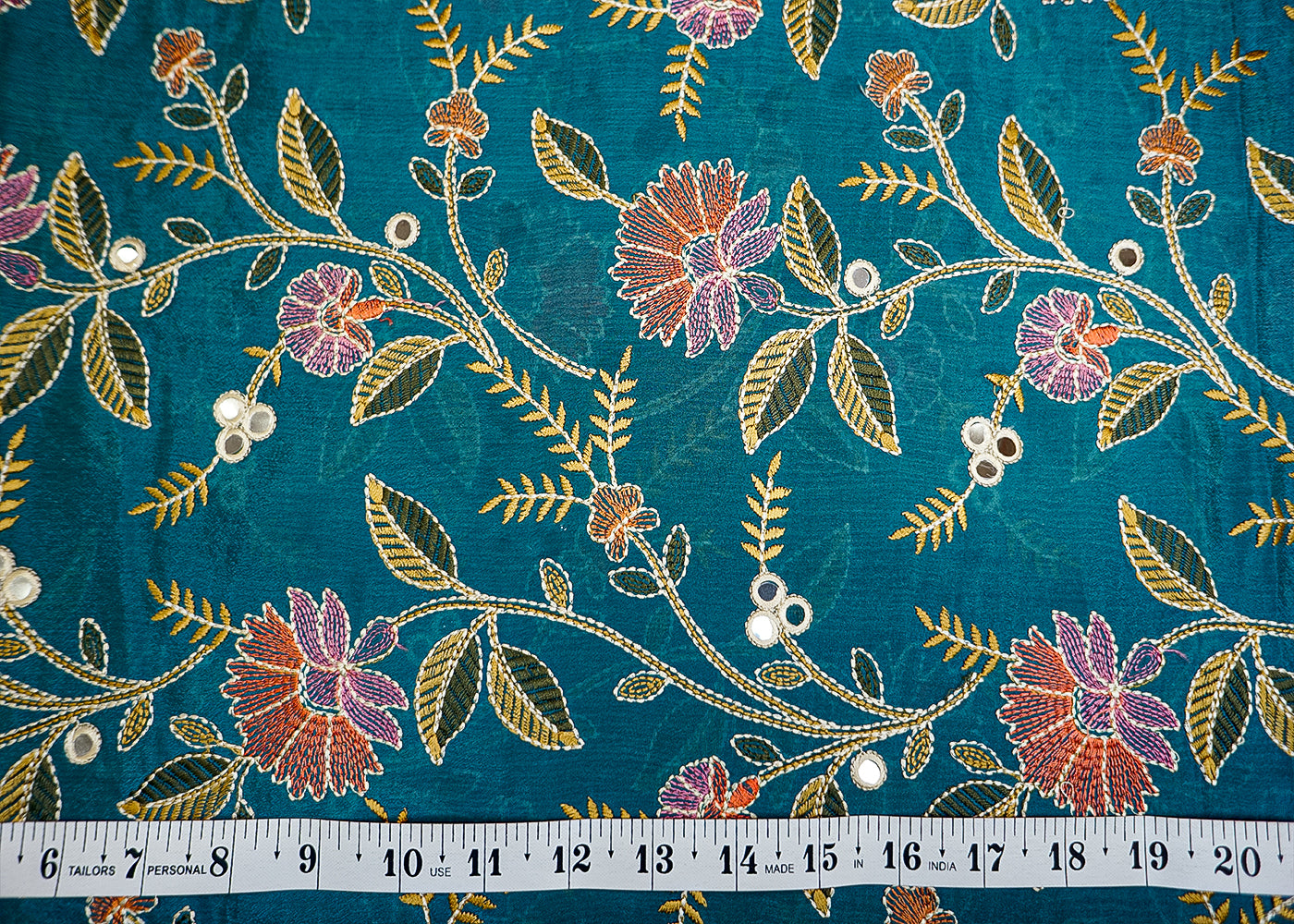 Teal Blue Chinon Chiffon Fabric with Allover Floral Thread & Faux Mirror Work