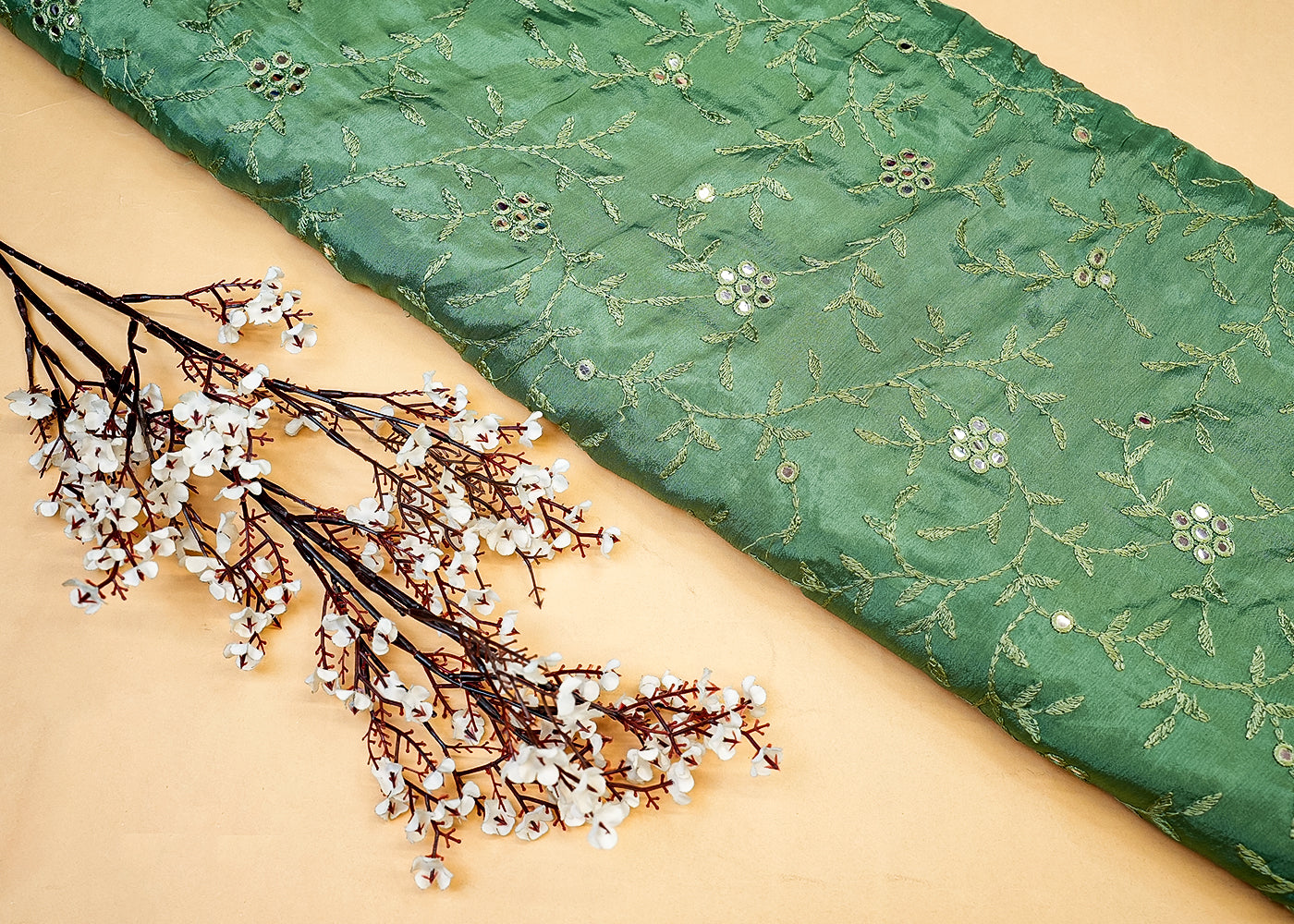 Green Chinon Chiffon Fabric with Allover Floral Thread & Faux Mirror W
