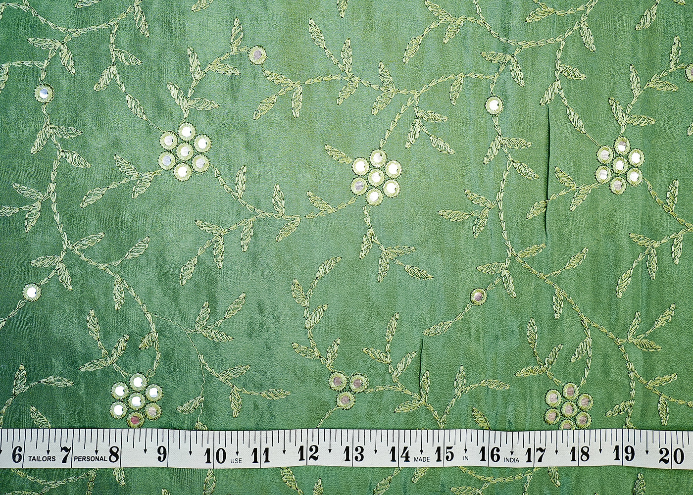 Green Chinon Chiffon Fabric with Allover Floral Thread & Faux Mirror Work