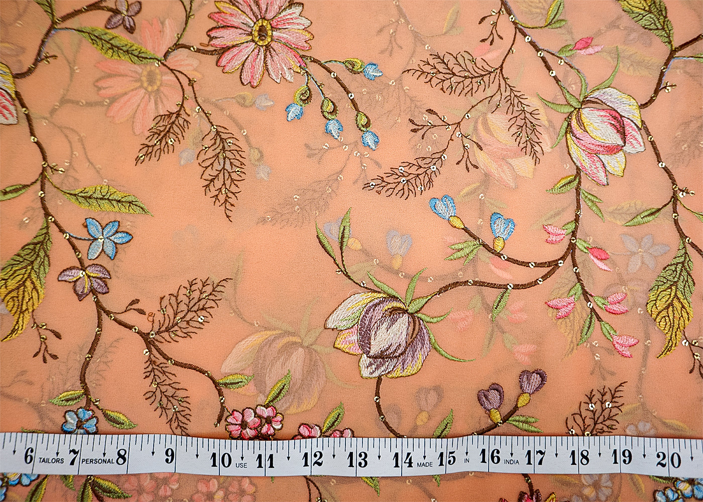 Peach Georgette Fabric with Allover Multicolor Thread & Sequin Work