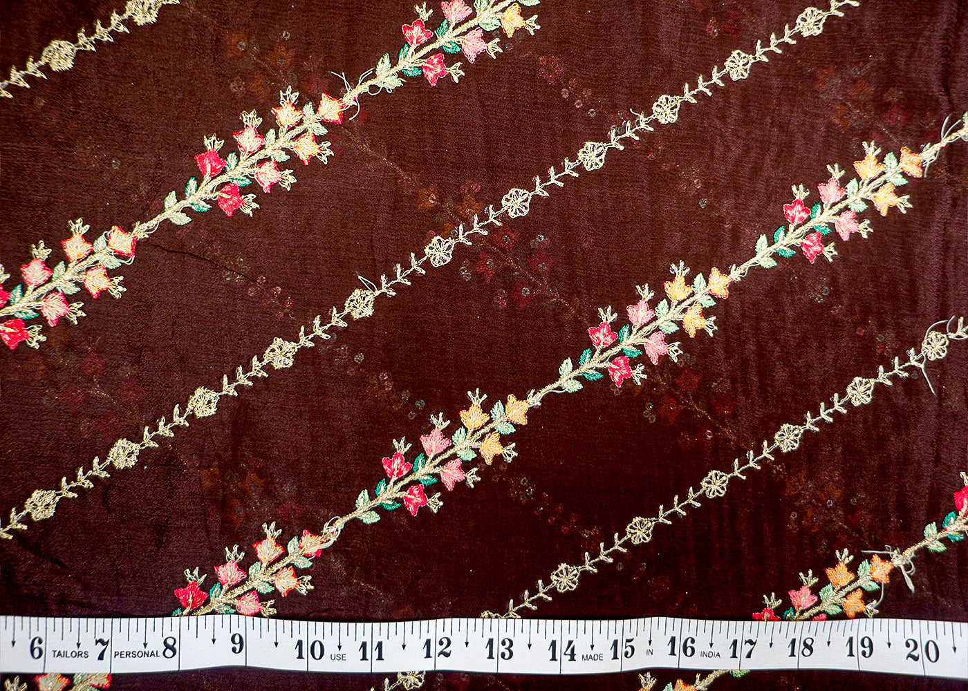 Brown Chinon Chiffon Fabric with Allover Thread & Sequin Embroidery