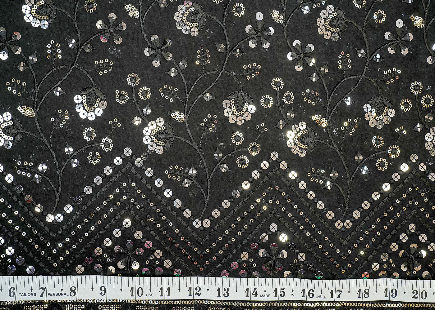 Black Georgette Fabric with Allover Multicolor Thread & Sequin Work