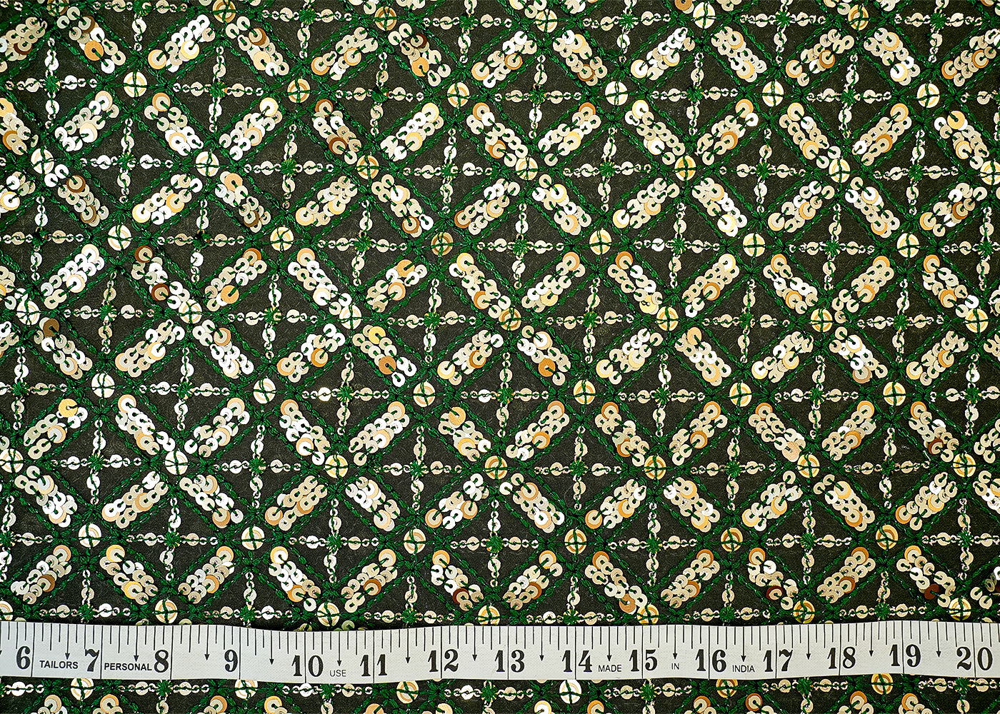 Dark Green Georgette Fabric with Allover Thread & Sequin Work
