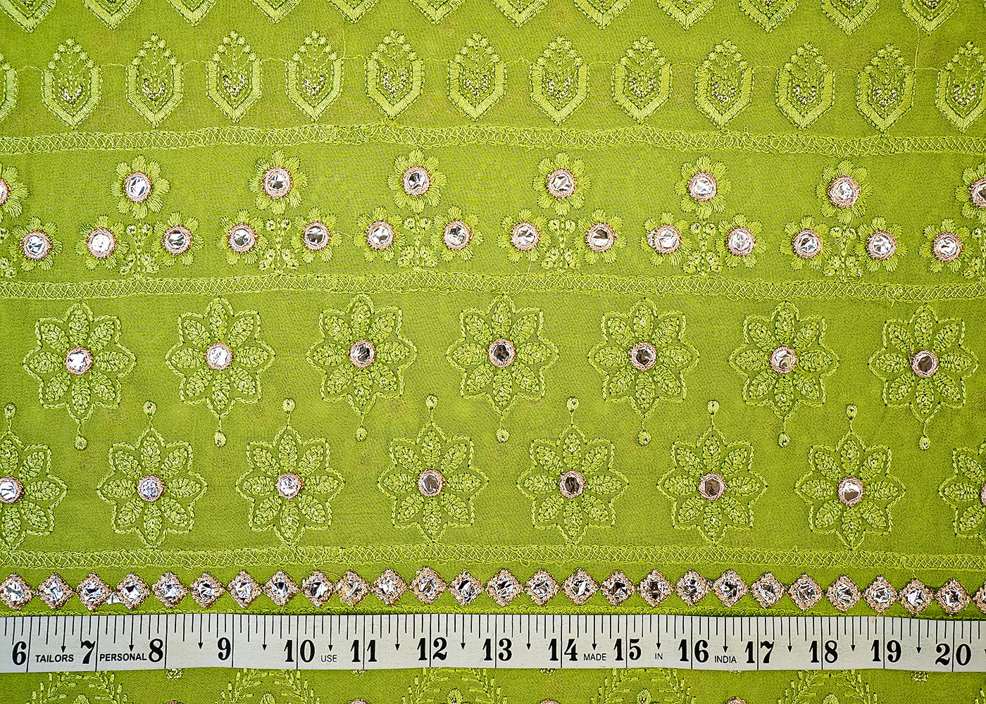 Parrot Green Georgette Fabric with Allover Thread & Sequin Work