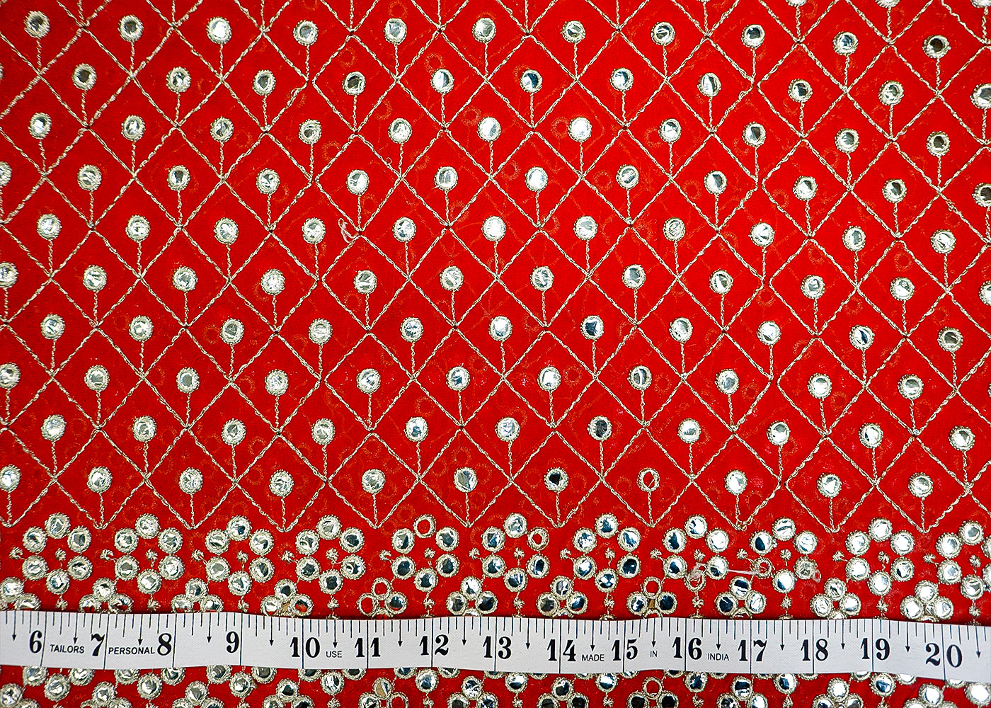 Red Georgette Fabric with Allover Faux Mirror, Thread & Sequin Work