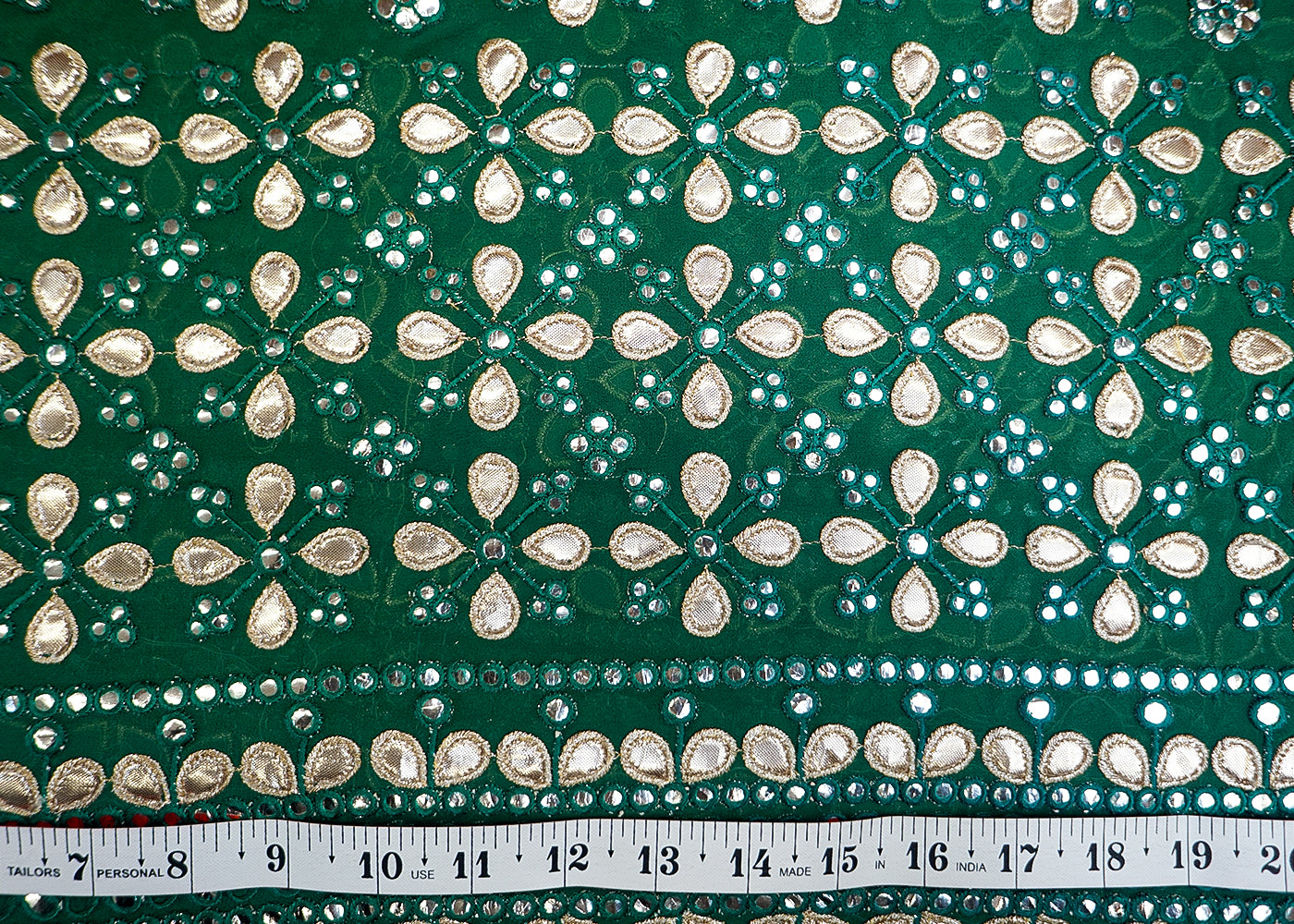 Green Georgette fabric with allover faux mirror, thread and gota work