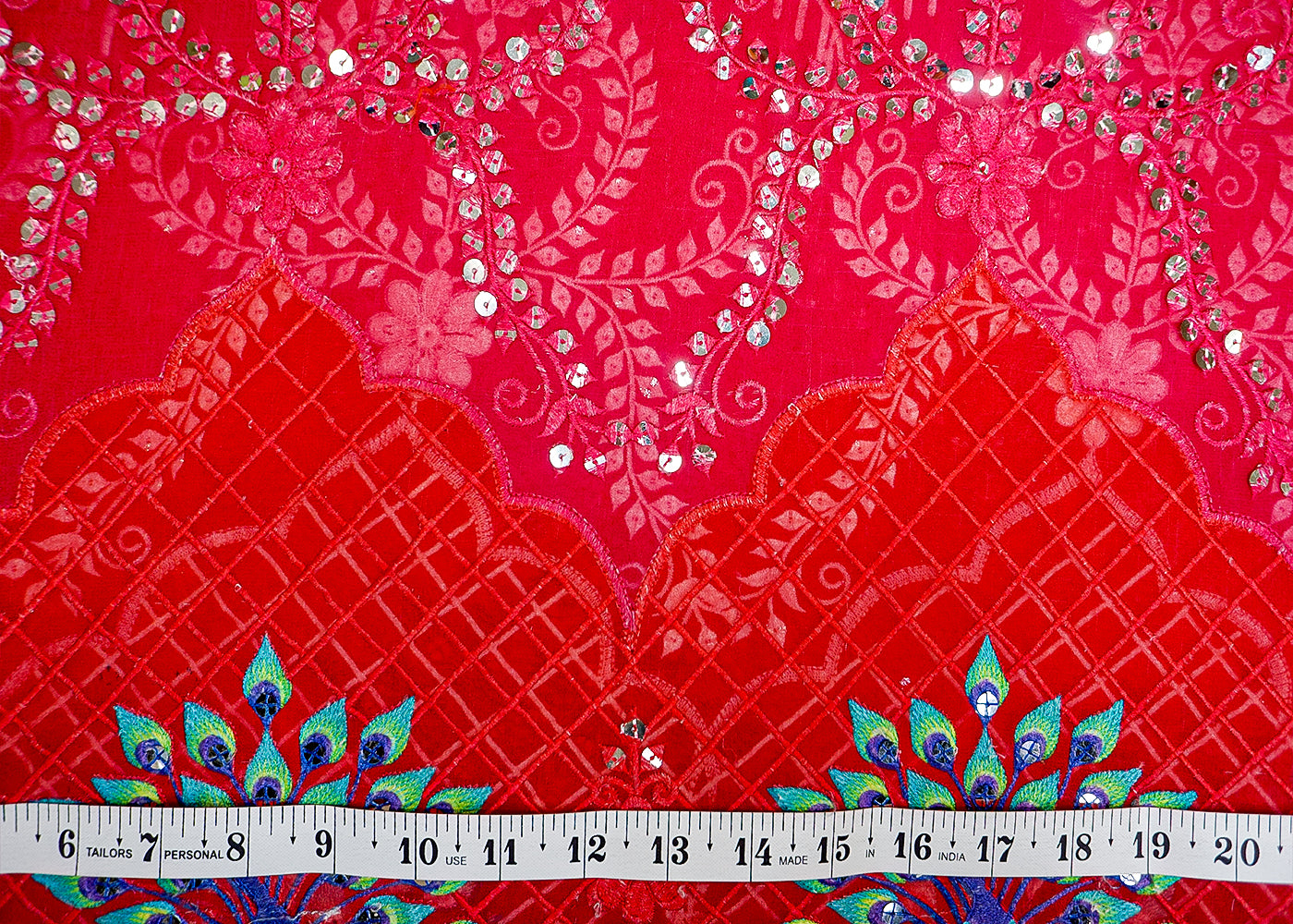 Multi-Color Georgette Fabric with Peacock Design, Allover Thread & Sequin Work