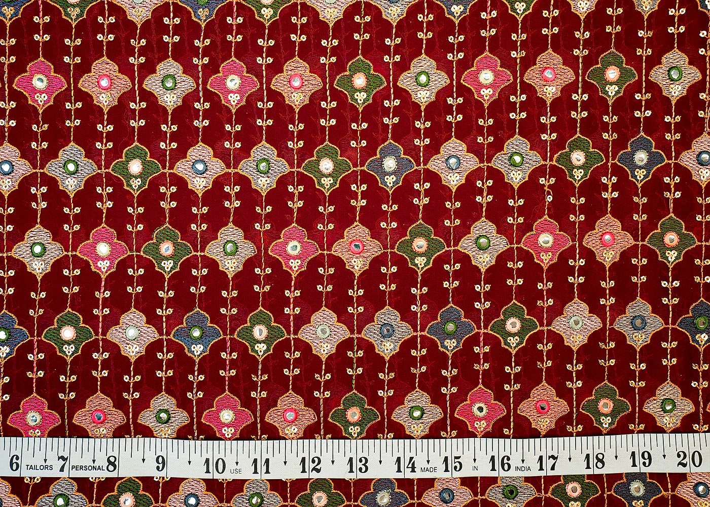 Deep Maroon Georgette Fabric with Allover Thread and Sequins Work