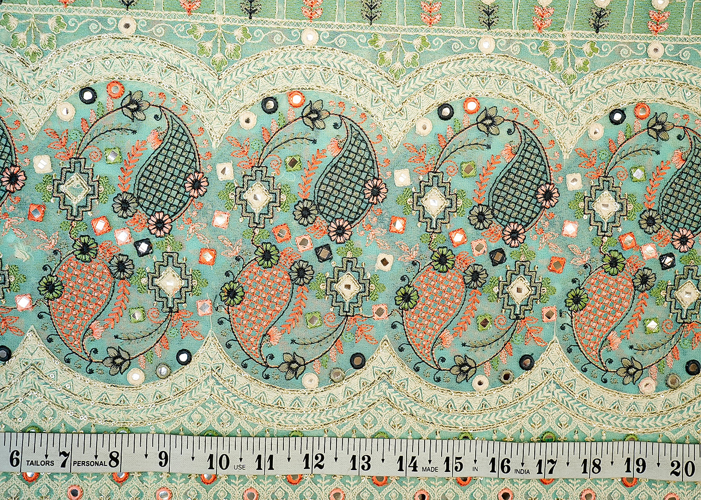 Sea Green Georgette Fabric with Allover Multicolor Thread, Faux Mirror & Sequin Work