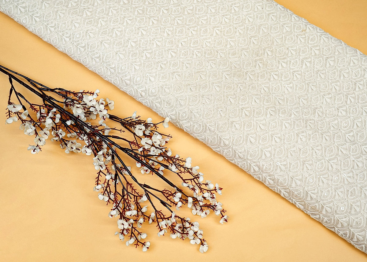 White Georgette Fabric with Allover Thread and Sequins Work 13094
