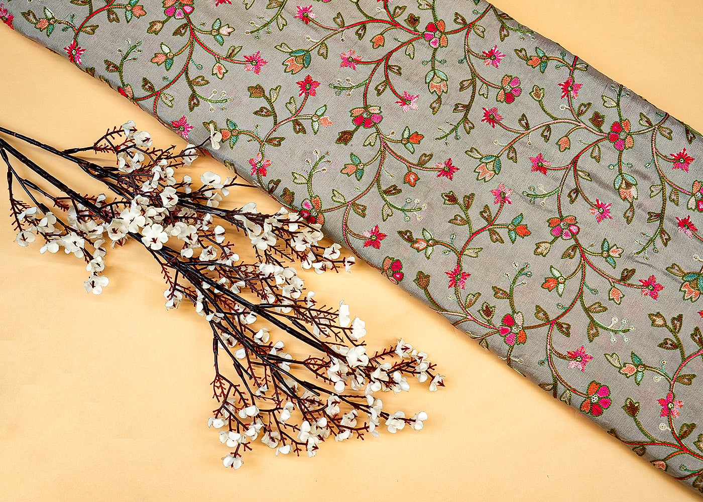 Grey Chinon Chiffon Fabric with Multicolor Thread and Sequins Work 131