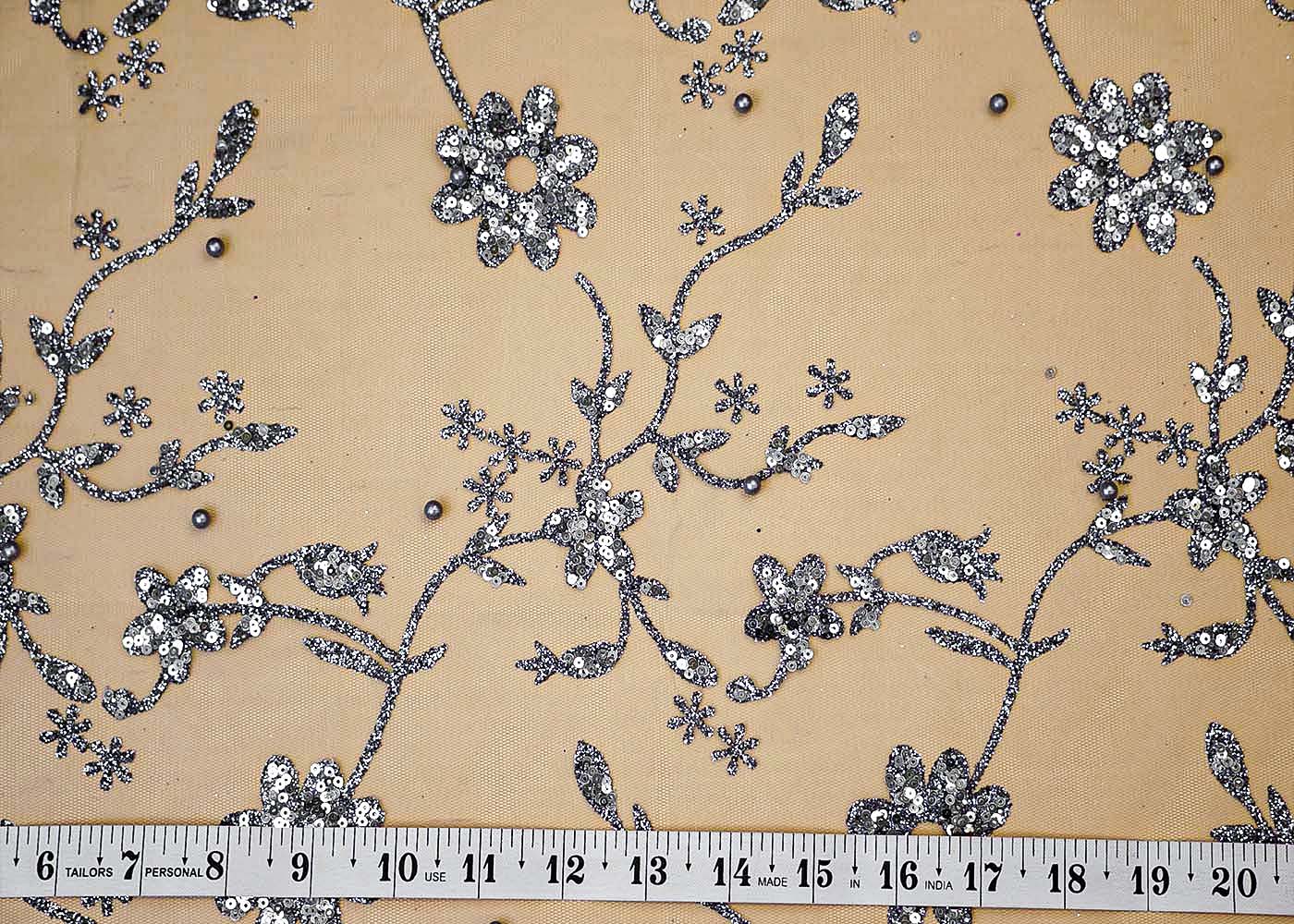 Grey Net Fabric with Allover Glitter, Sequins, and Pearl Work 13263